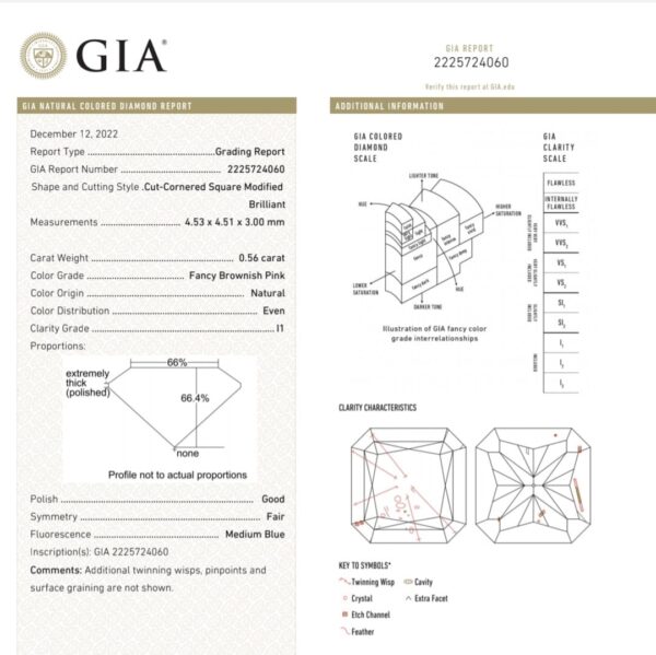 (M296) Natural Fancy Brownish Pink 0.56ct I1 Clarity Radiant Shape GIA Certified Diamond