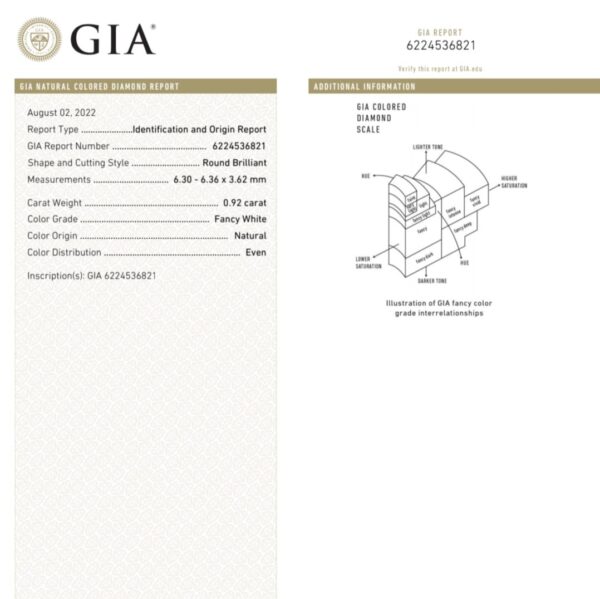 (M200) Natural Fancy White color 0.92CT Round Brilliant Shape GIA Certified Diamond