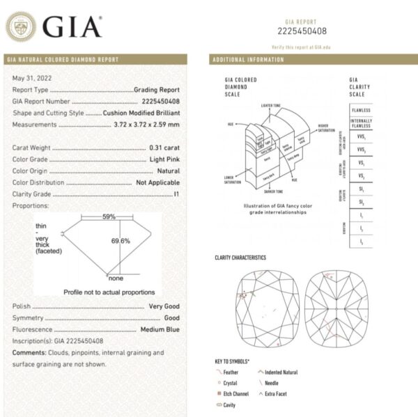 (M176) Natural Light Pink color 0.31ct I1 Clarity Cushion Shape GIA Certified Diamond