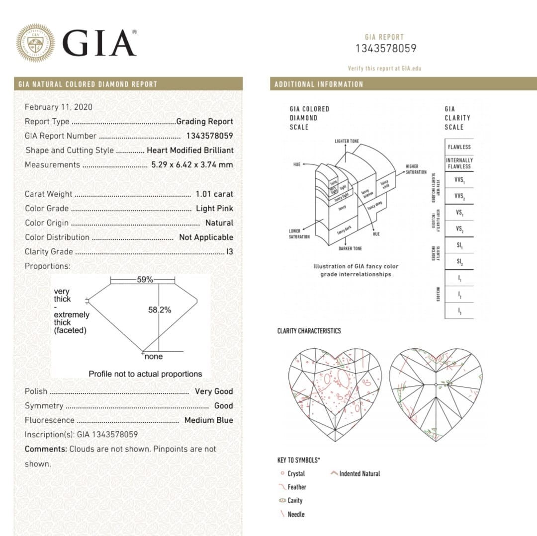 (M13) Natural Light Pink Color 1.01CT I3 Clarity Heart Shape GIA Certified Diamond