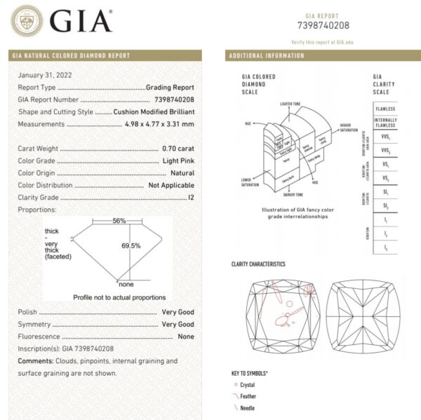 (M305) Natural Light Pink Color 0.70CT I2 Clarity Cushion Shape GIA Certified Diamond