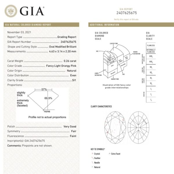 (M356) Natural Fancy Light Orangy Pink Color 0.26CT SI1 Clarity Oval Shape GIA Certified Diamond