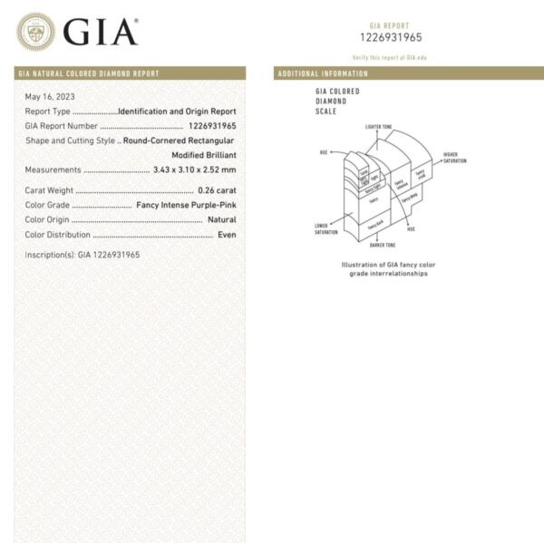 (M329) Natural Fancy Intense Purple Pink color 0.26ct Radiant Shape GIA Certified Diamond