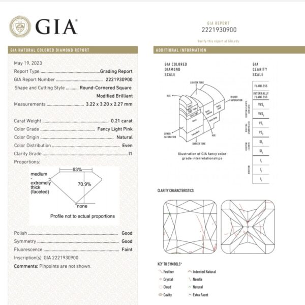 (M326) Natural Fancy Light Pink color 0.21ct I1 Clarity Cushion Shape GIA Certified Diamond