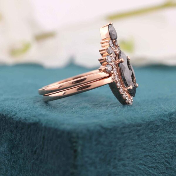 Rose Gold Halo Bridal Ring Set – Marquise Diamond with Matching Wedding Band