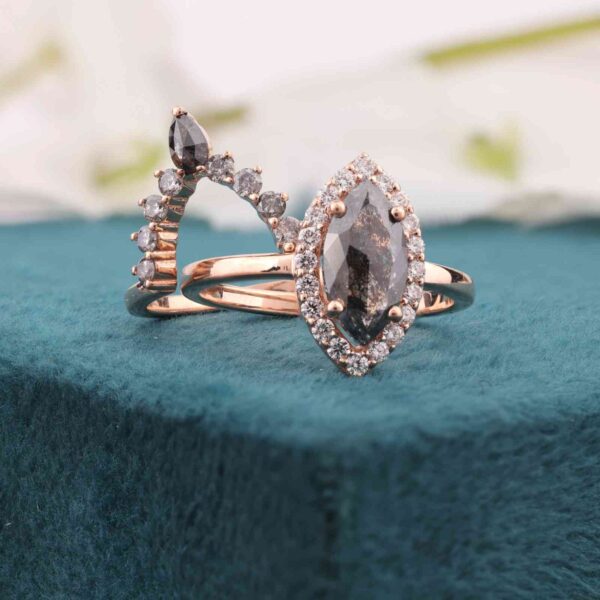 Rose Gold Halo Bridal Ring Set – Marquise Diamond with Matching Wedding Band
