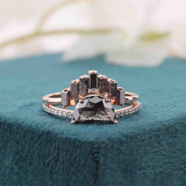 Salt and Pepper Diamond Ring Set in Rose Gold – Half-Moon & Baguette Design