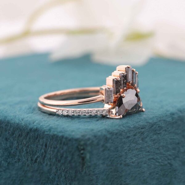 Salt and Pepper Diamond Ring Set in Rose Gold – Half-Moon & Baguette Design