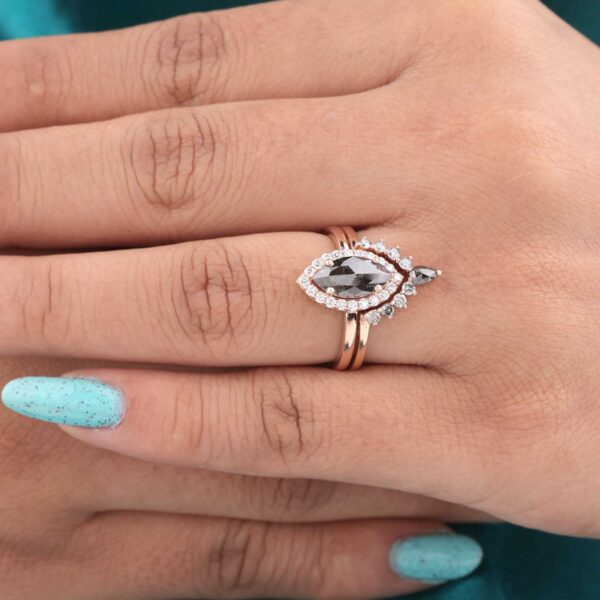 Rose Gold Halo Bridal Ring Set – Marquise Diamond with Matching Wedding Band
