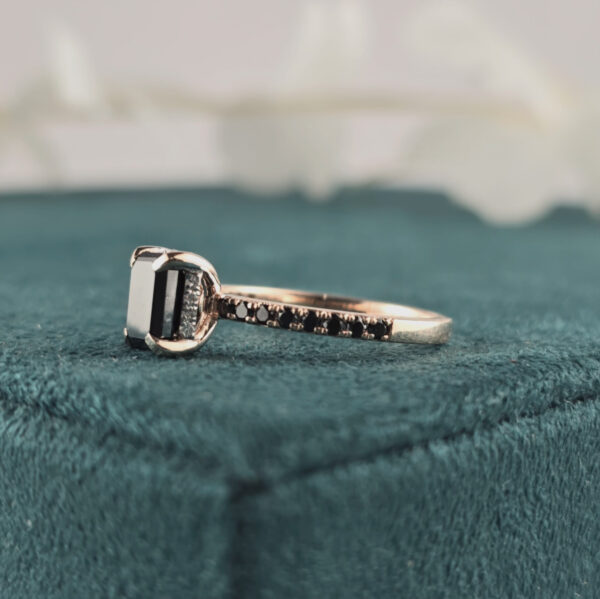 Emerald Cut Black Diamond Ring – 10K Rose Gold with Pave Band Accent