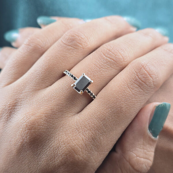 Emerald Cut Black Diamond Ring – 10K Rose Gold with Pave Band Accent