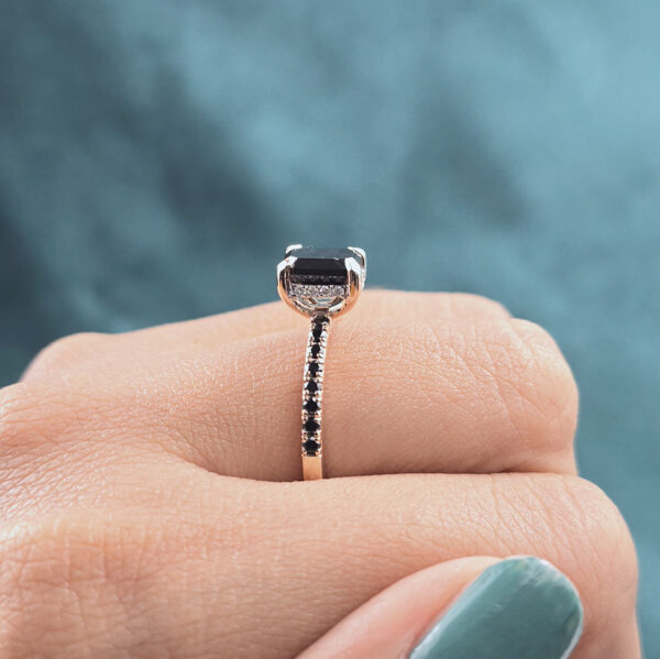 Emerald Cut Black Diamond Ring – 10K Rose Gold with Pave Band Accent