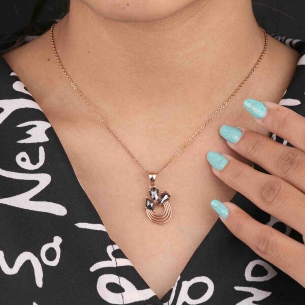 Minimalist Salt and Pepper Crystal Pendant – Rose Gold Layered Arc Necklace