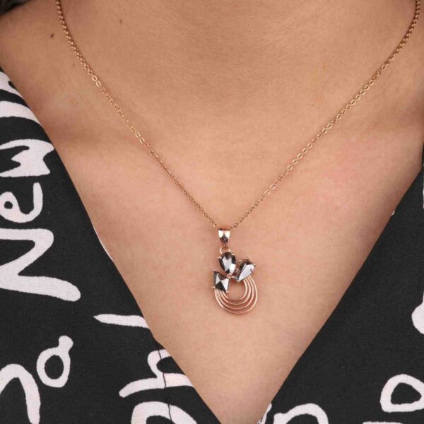Minimalist Salt and Pepper Crystal Pendant – Rose Gold Layered Arc Necklace
