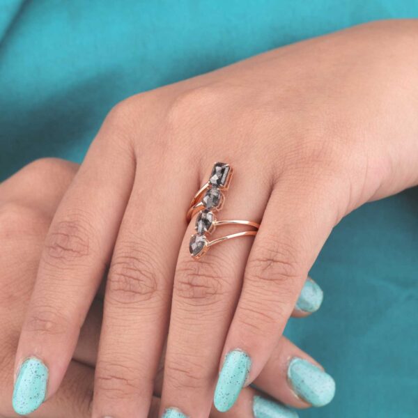 Vertical Salt and Pepper Diamond Bypass Ring – Modern Rose Gold Statement Ring