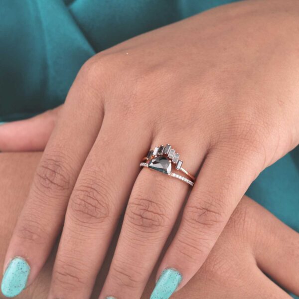 Salt and Pepper Diamond Ring Set in Rose Gold – Half-Moon & Baguette Design
