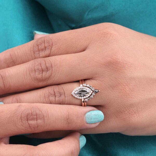 Rose Gold Halo Bridal Ring Set – Marquise Diamond with Matching Wedding Band