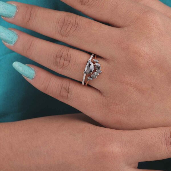 Salt and Pepper Diamond Ring Set in Rose Gold – Half-Moon & Baguette Design