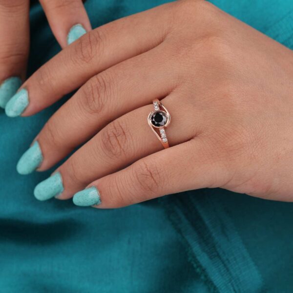 Rose Gold Twisted Ring with Round Black Stone and Diamond Accents