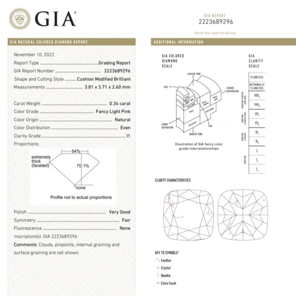 (M349) Natural Fancy Light Pink color 0.34ct I1 Clarity Cushion Shape GIA Certified Diamond