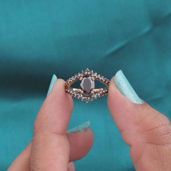 Dramatic V-Shaped Halo Ring – Oval Black Diamond in Rose Gold
