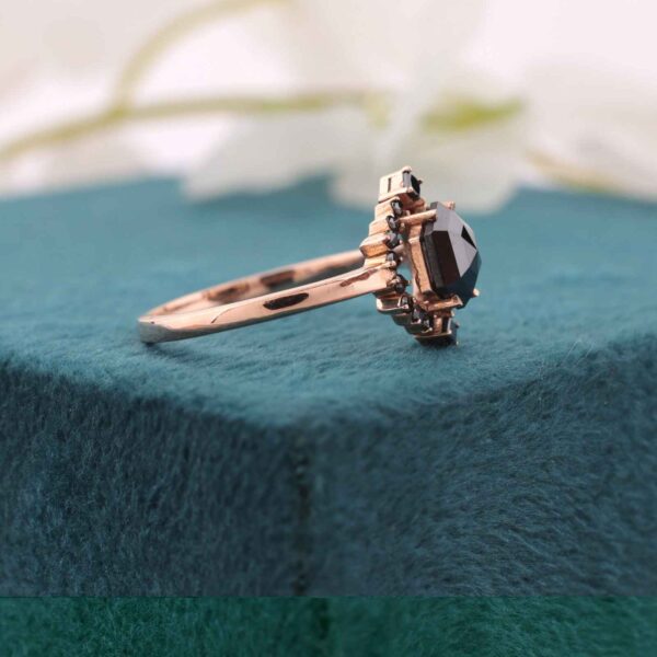 Edgy Hexagon Engagement Ring – Black Diamond Halo in Rose Gold Setting