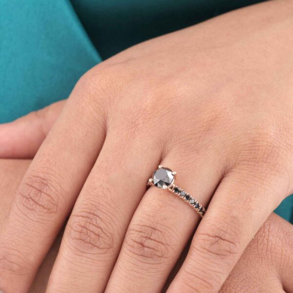 Elegant Black Diamond Ring – Rose Gold Round Cut Engagement or Promise Ring for Her