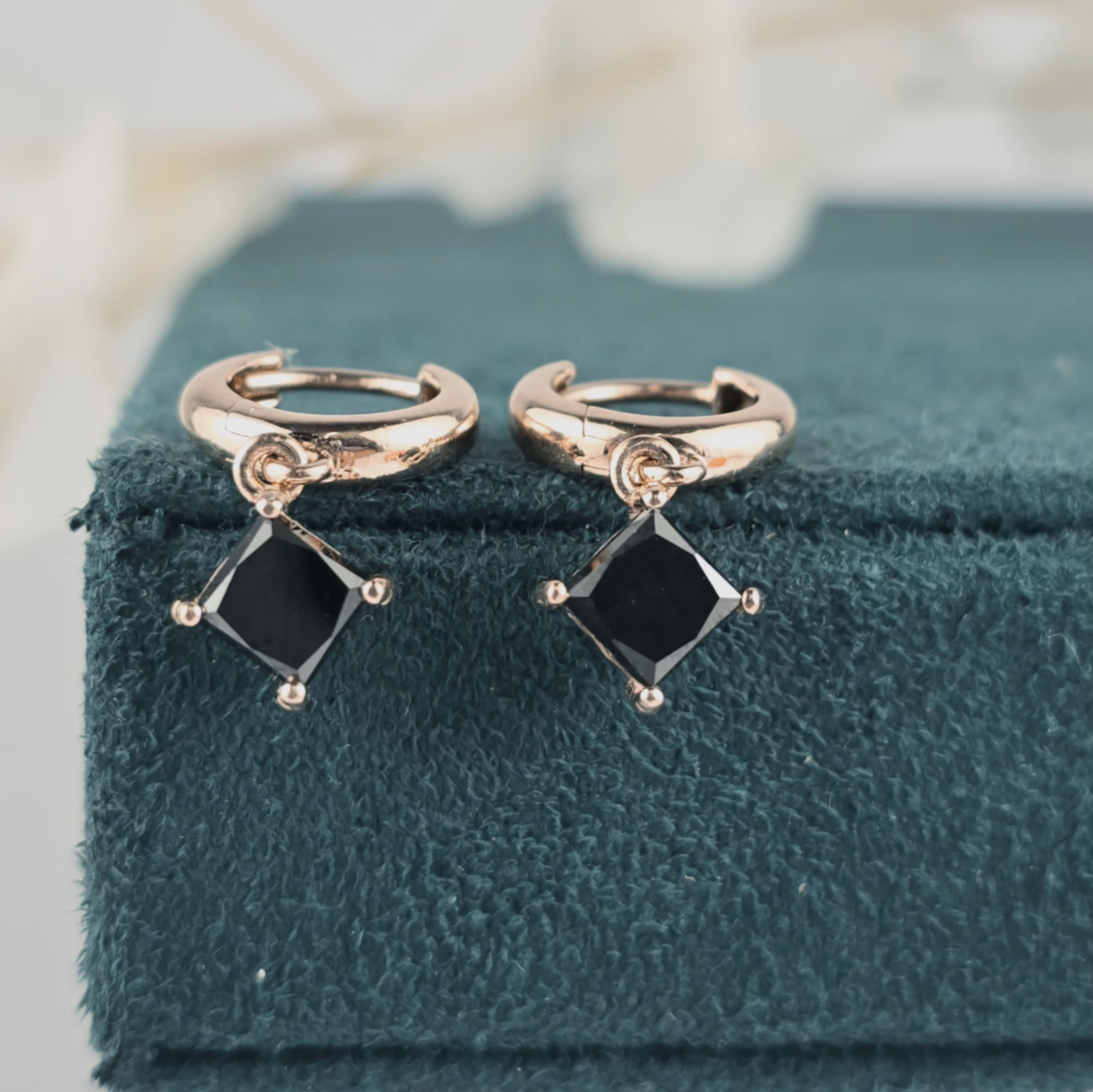 Modern Black Diamond Drop Huggie Earrings – 10K Rose Gold Minimalist Hoops