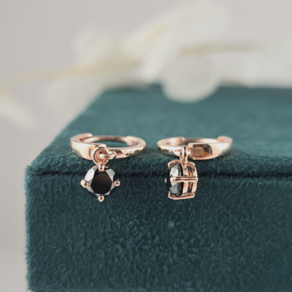 Round Black Diamond Drop Hoop Earrings in Rose Gold – Minimalist Everyday Luxury