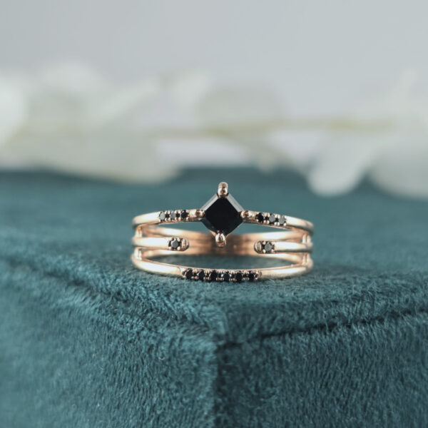 Princess Cut Black Diamond Ring – Triple Band Rose Gold Statement Ring