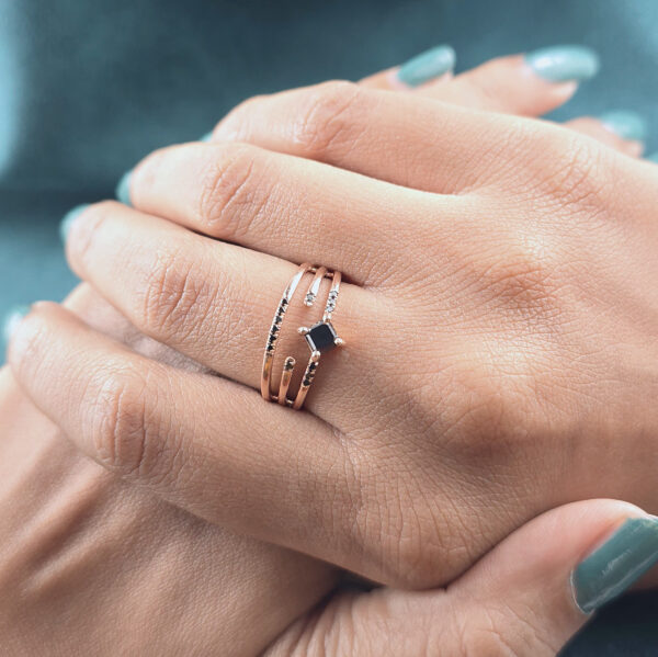 Princess Cut Black Diamond Ring – Triple Band Rose Gold Statement Ring