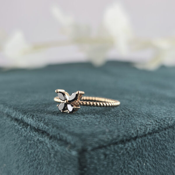 Textured Band Butterfly Ring with Black Crystals