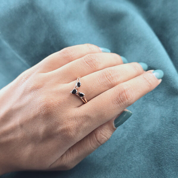 Triple Pear Black Diamond Ring – 10K Rose Gold Split Band Design