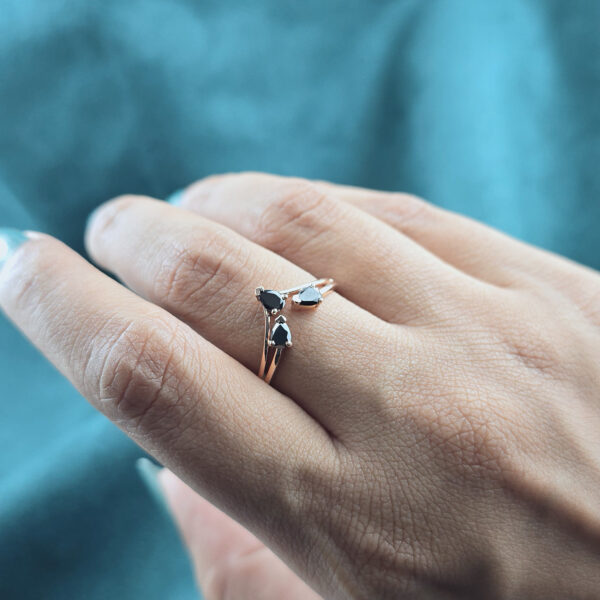 Triple Pear Black Diamond Ring – 10K Rose Gold Split Band Design