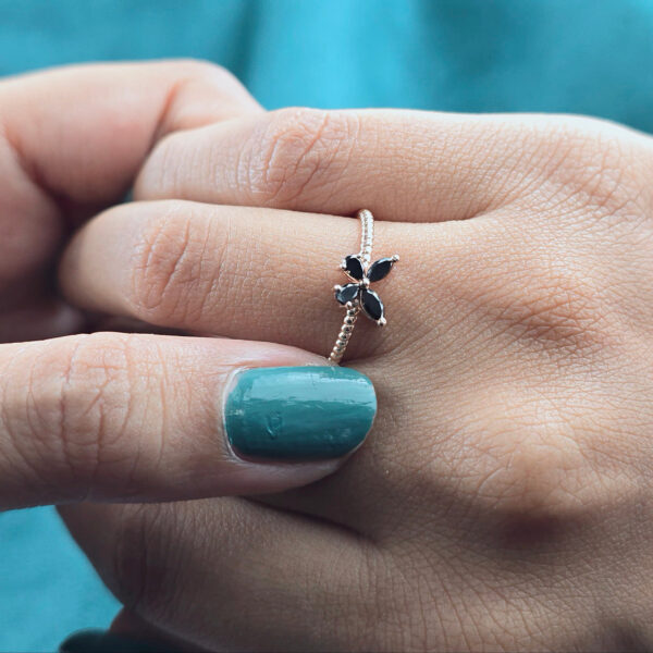 Textured Band Butterfly Ring with Black Crystals