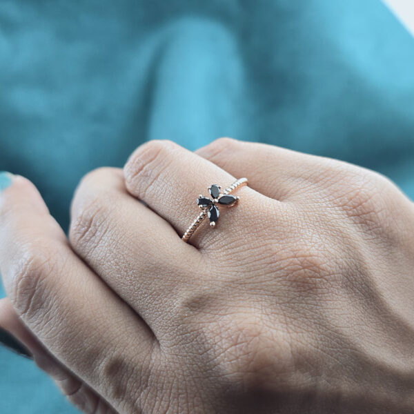 Textured Band Butterfly Ring with Black Crystals