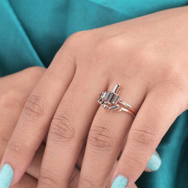 Rose Gold Black Diamond Ring – Baguette & Round Cut Stones