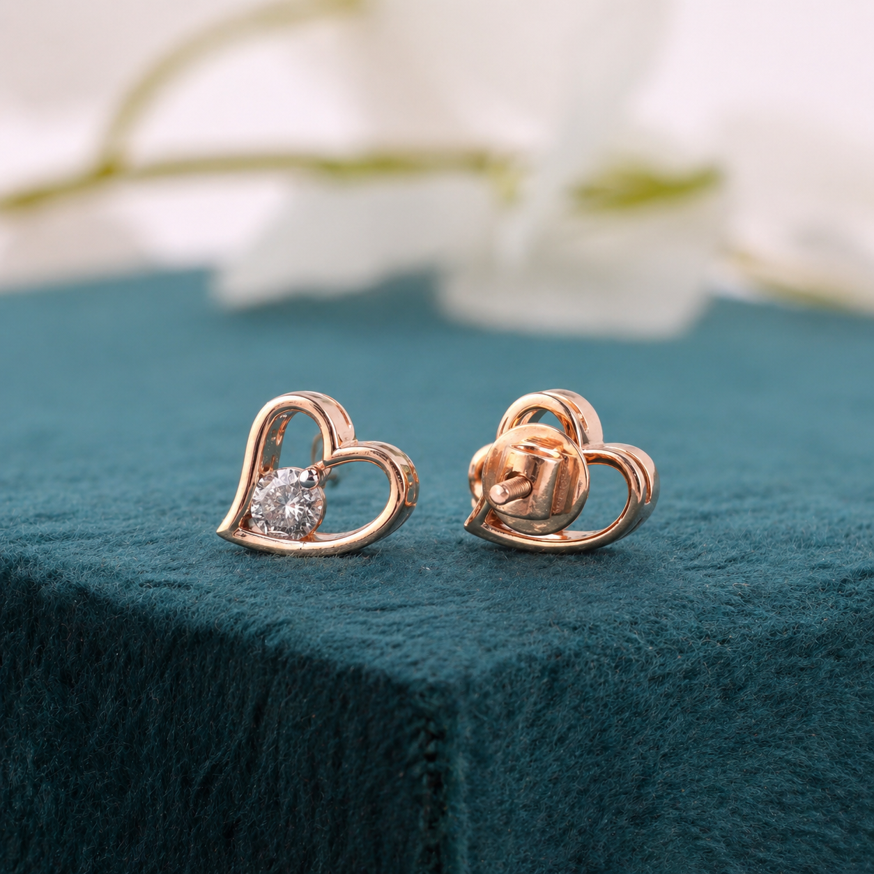 Heart-Shaped Diamond Stud Earrings – Rose Gold Delicate Design