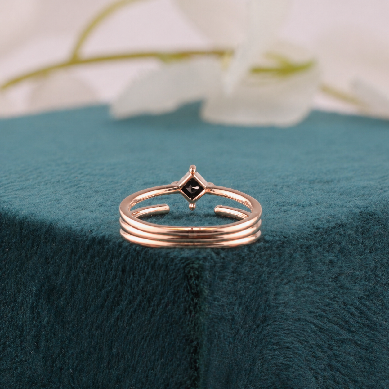 Princess Cut Black Diamond Ring – Triple Band Rose Gold Statement Ring