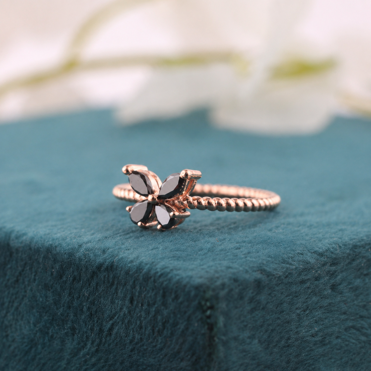 Textured Band Butterfly Ring with Black Crystals