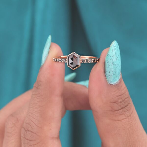 Modern 14KT Rose Gold Salt and Pepper Hexagon Diamond Ring with Black Diamond Band