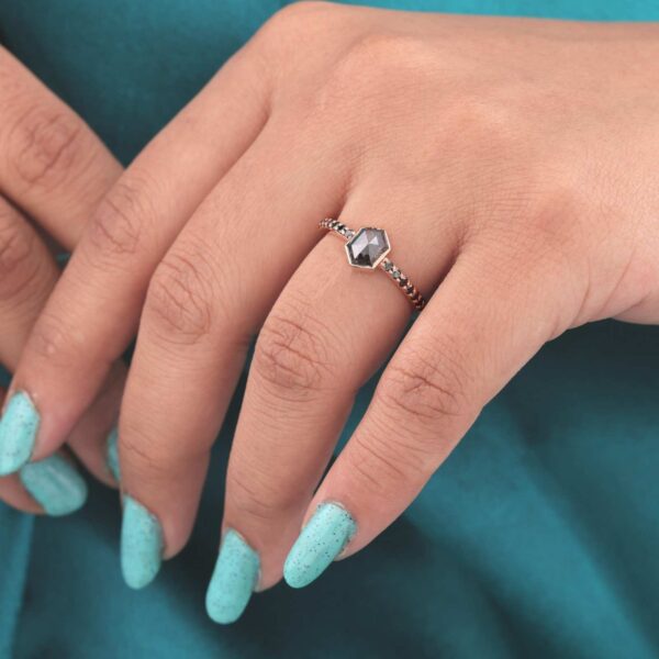 Modern 14KT Rose Gold Salt and Pepper Hexagon Diamond Ring with Black Diamond Band