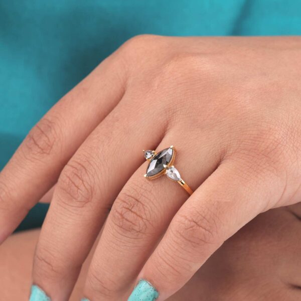 Three Stone Salt & Pepper Diamond Ring – Marquise and Pear Cut in Yellow Gold
