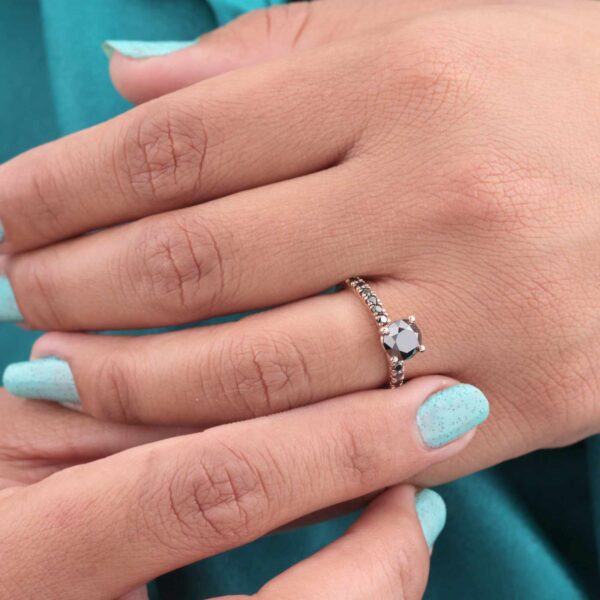 Elegant Black Diamond Ring – Rose Gold Round Cut Engagement or Promise Ring for Her