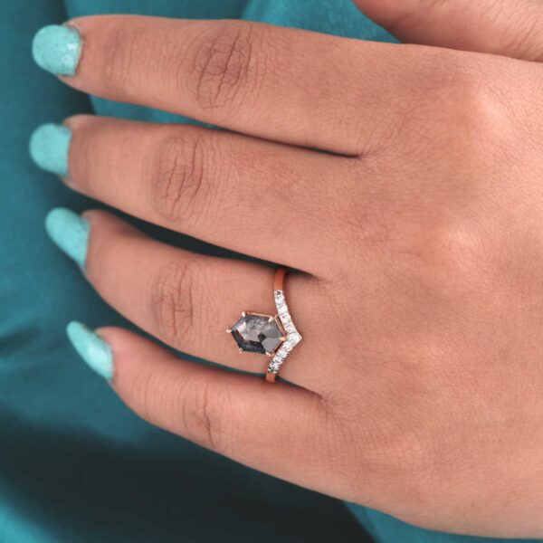 Hexagon Salt and Pepper Diamond Ring – Chevron Diamond Band in Rose Gold