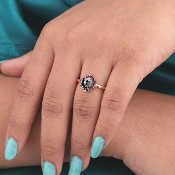 Edgy Hexagon Engagement Ring – Black Diamond Halo in Rose Gold Setting