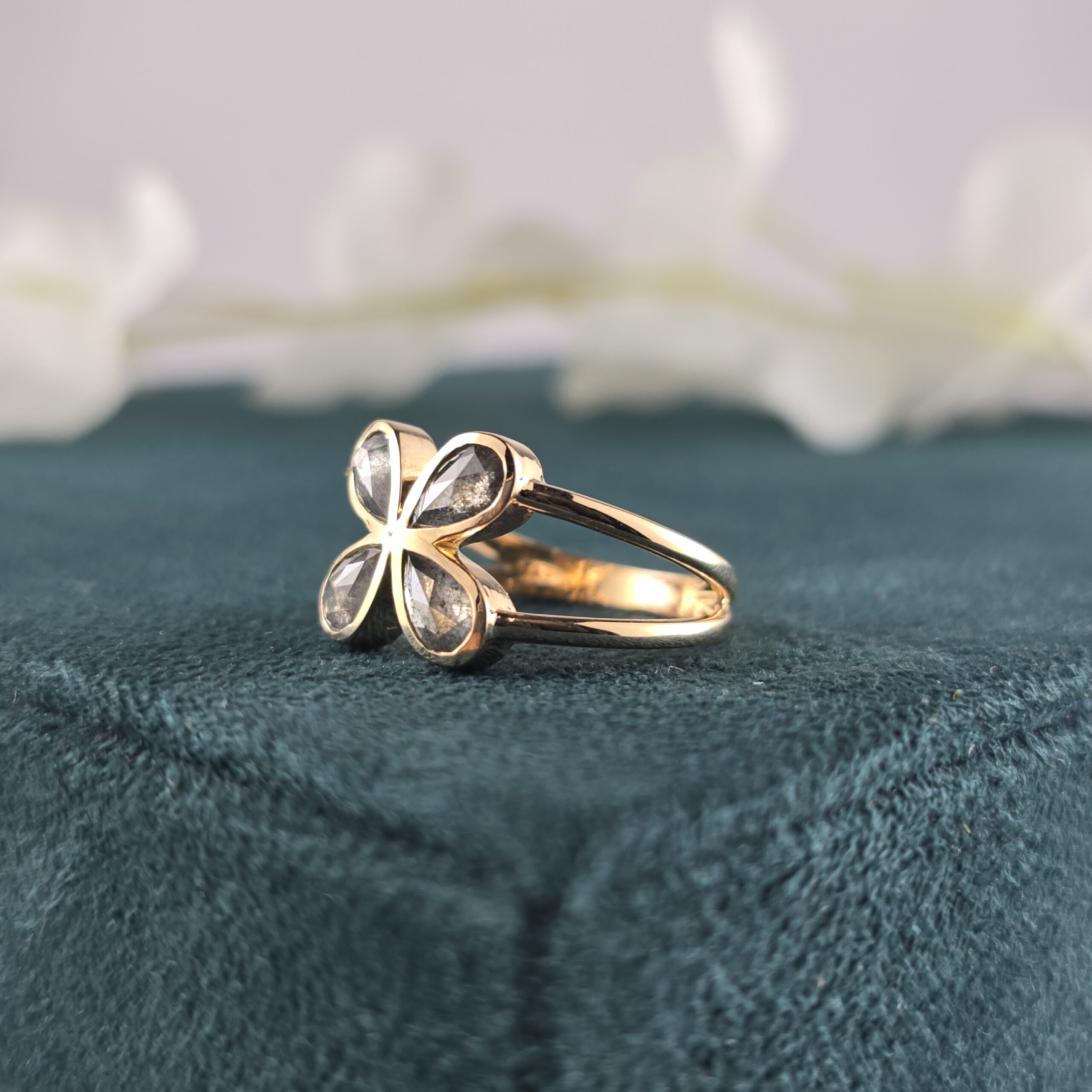 Pear Cut Diamond Flower Ring: 10k Rose Gold, Salt & Pepper Diamond