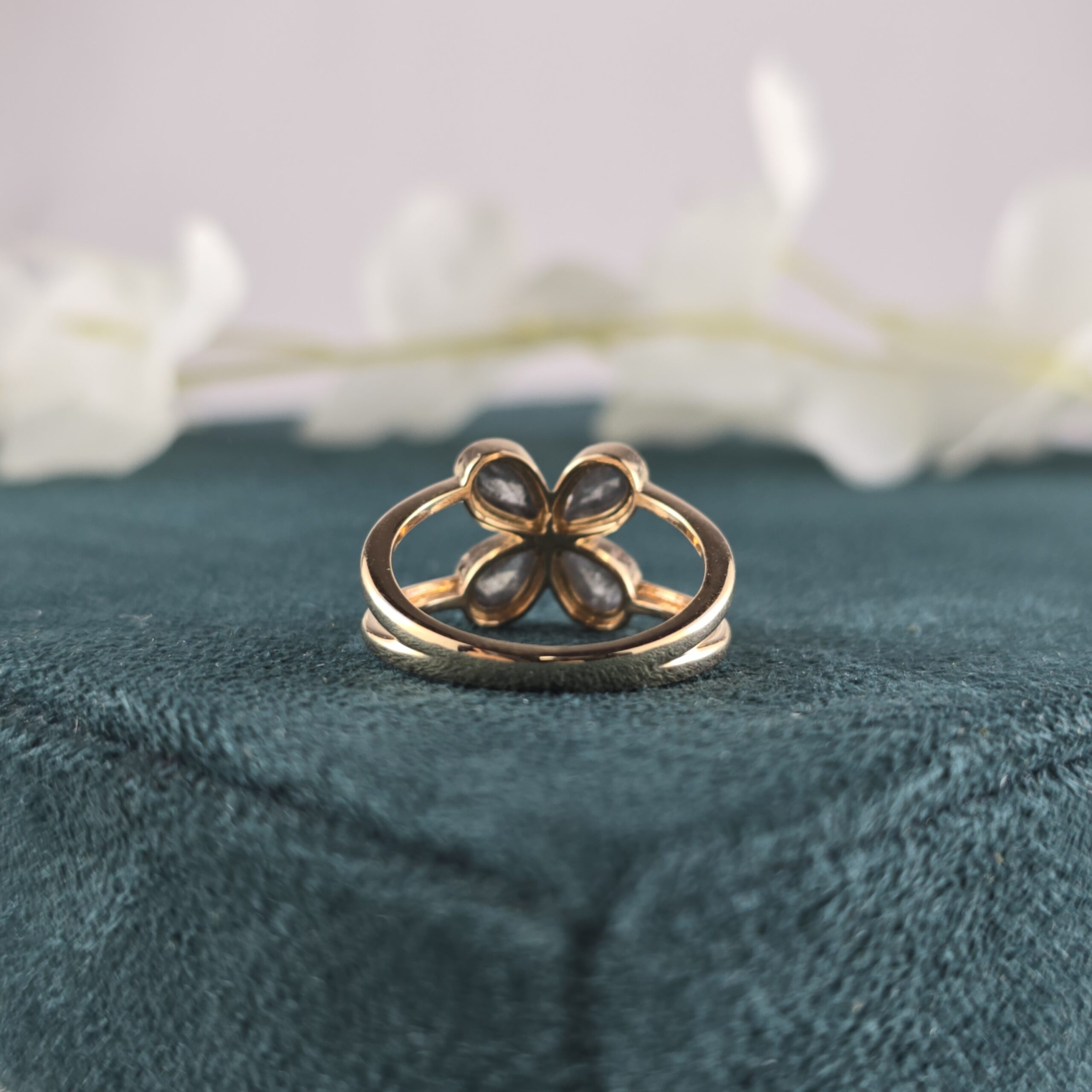 Pear Cut Diamond Flower Ring: 10k Rose Gold, Salt & Pepper Diamond