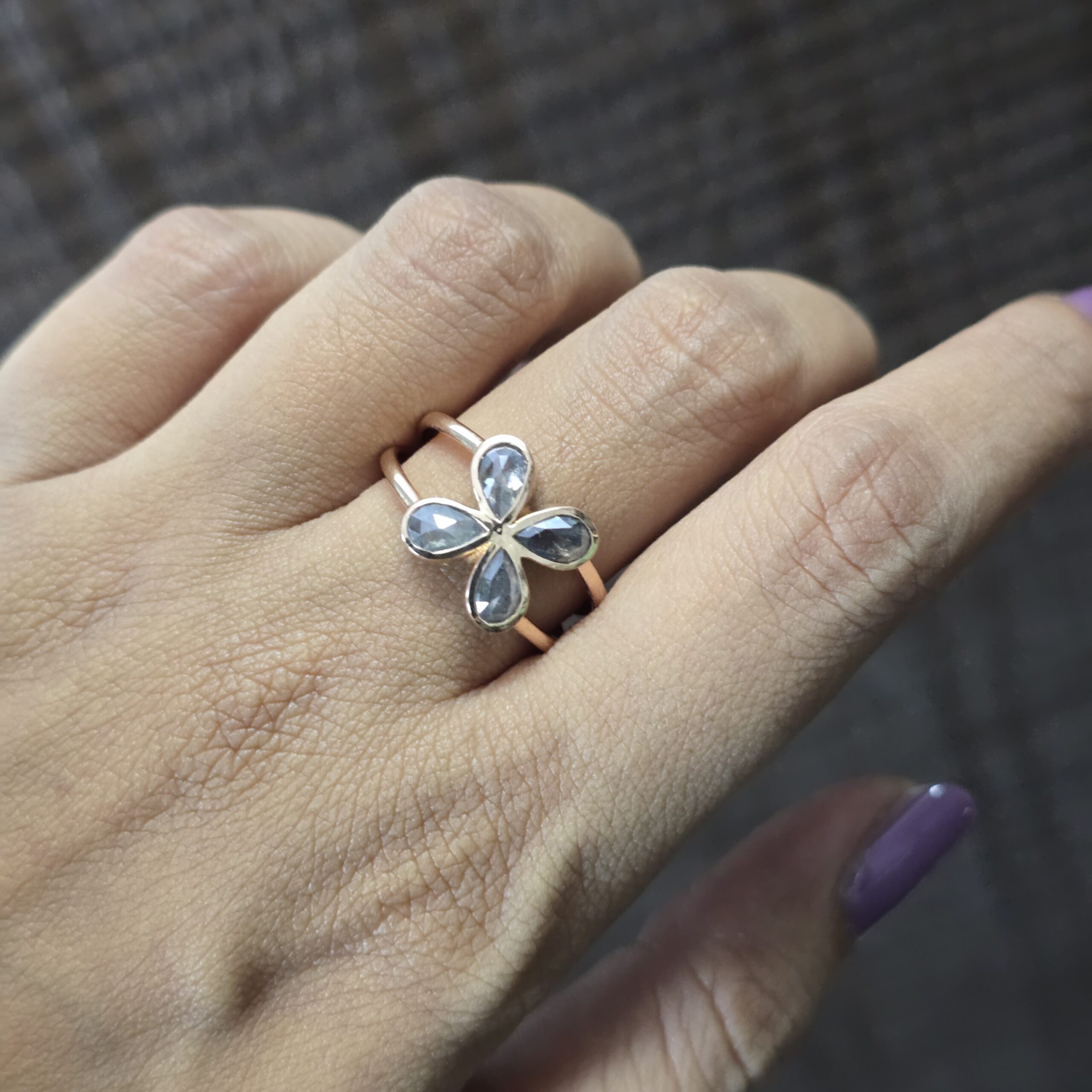 Pear Cut Diamond Flower Ring: 10k Rose Gold, Salt & Pepper Diamond