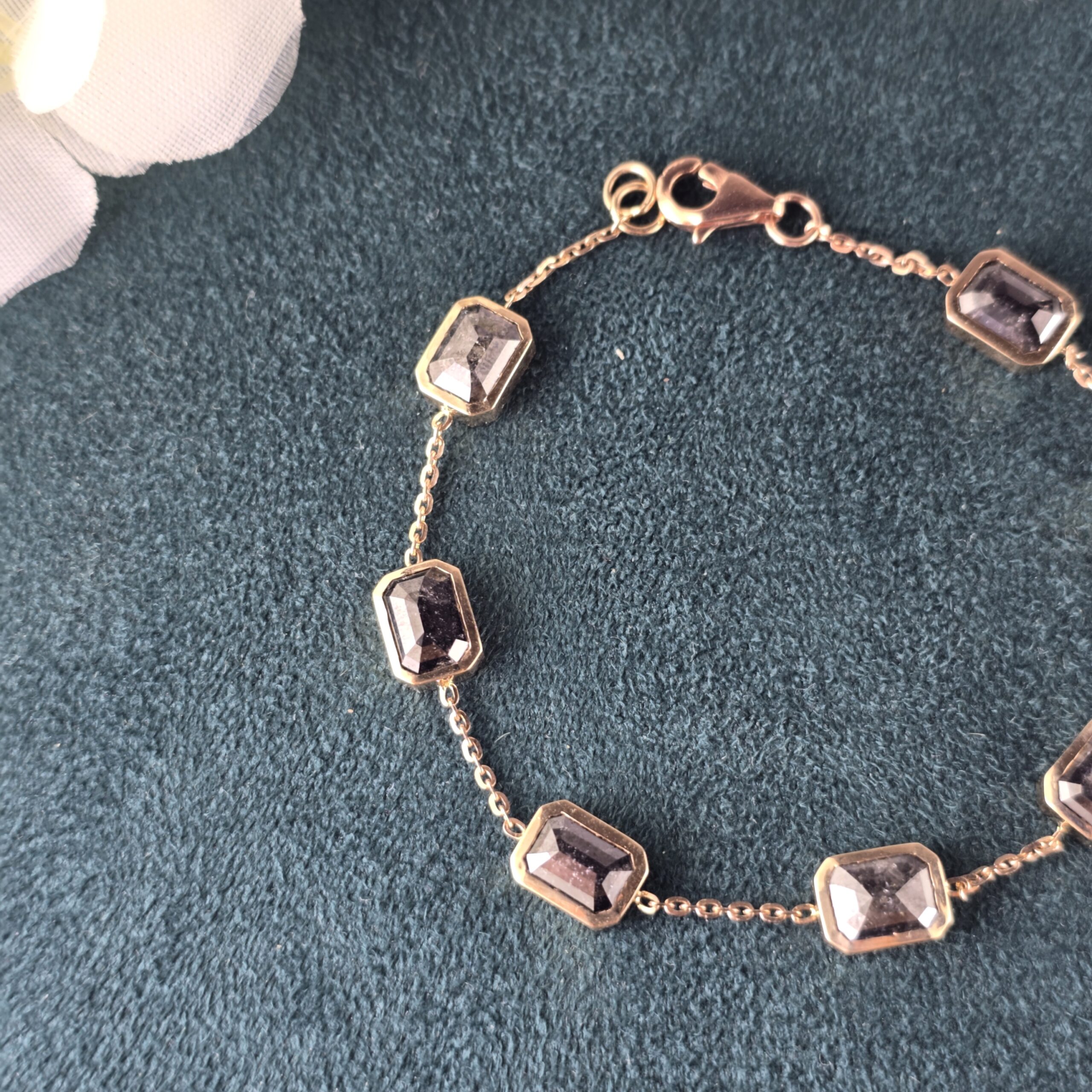 Raw Diamond Bracelet | Rose Gold Emrald Cut Bracelet | Dainty Handmade Jewelry | Salt and pepper Diamond Gift for Her